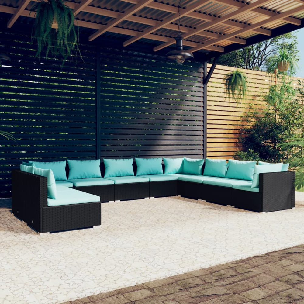 10-tlg. Garten-Lounge-Set mit Kissen Schwarz Poly Rattan