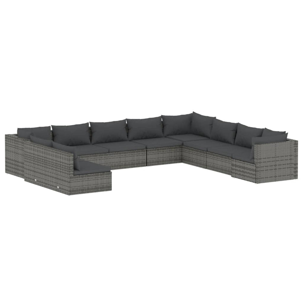 10-tlg. Garten-Lounge-Set mit Kissen Grau Poly Rattan