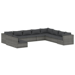 10-tlg. Garten-Lounge-Set mit Kissen Grau Poly Rattan
