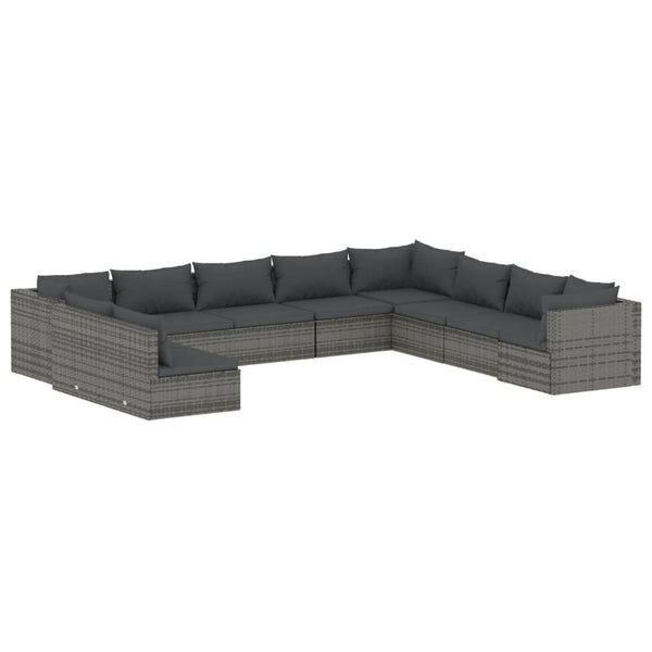 10-tlg. Garten-Lounge-Set mit Kissen Grau Poly Rattan
