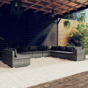 10-tlg. Garten-Lounge-Set mit Kissen Grau Poly Rattan