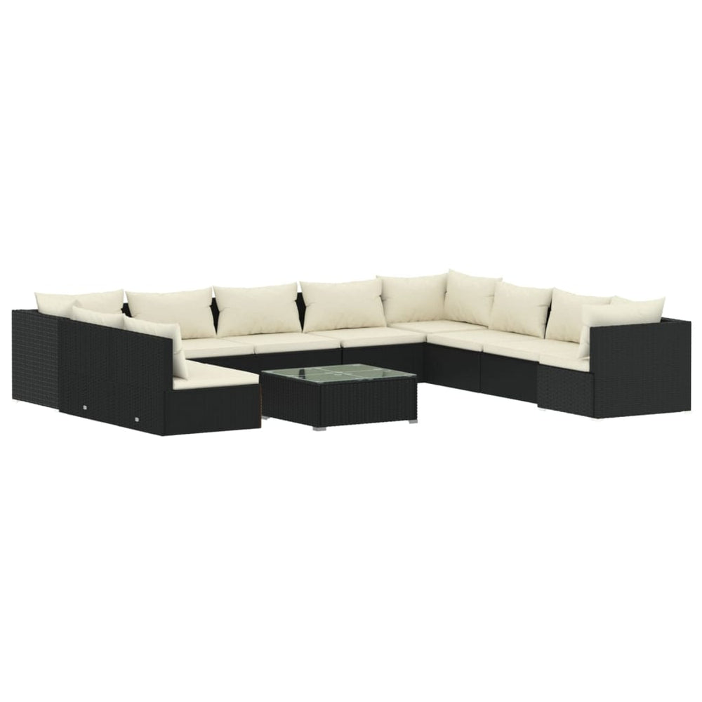 11-tlg. Garten-Lounge-Set mit Kissen Schwarz Poly Rattan