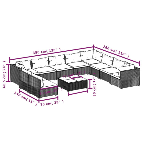 11-tlg. Garten-Lounge-Set mit Kissen Schwarz Poly Rattan