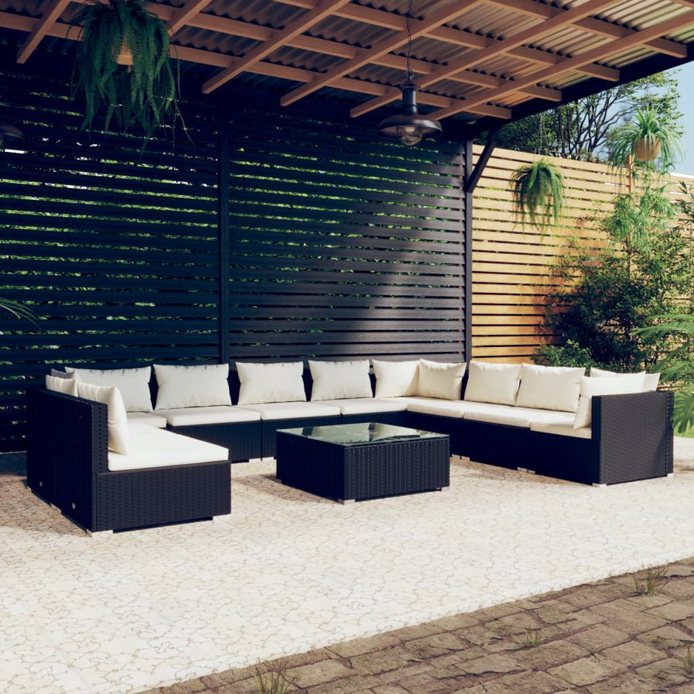 11-tlg. Garten-Lounge-Set mit Kissen Schwarz Poly Rattan