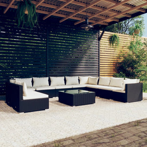 11-tlg. Garten-Lounge-Set mit Kissen Schwarz Poly Rattan