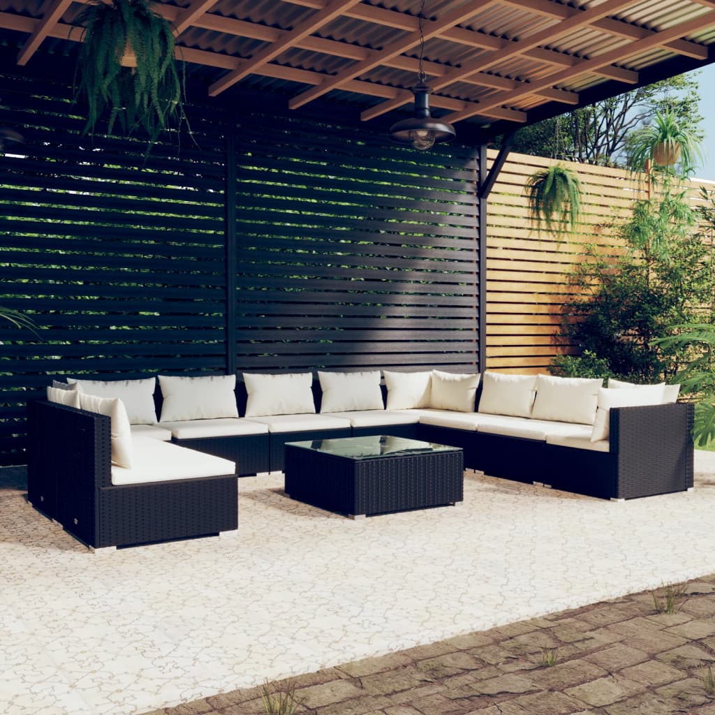 11-tlg. Garten-Lounge-Set mit Kissen Schwarz Poly Rattan
