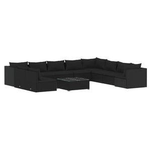 11-tlg. Garten-Lounge-Set mit Kissen Schwarz Poly Rattan