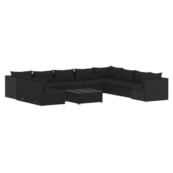 11-tlg. Garten-Lounge-Set mit Kissen Schwarz Poly Rattan