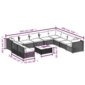 11-tlg. Garten-Lounge-Set mit Kissen Schwarz Poly Rattan