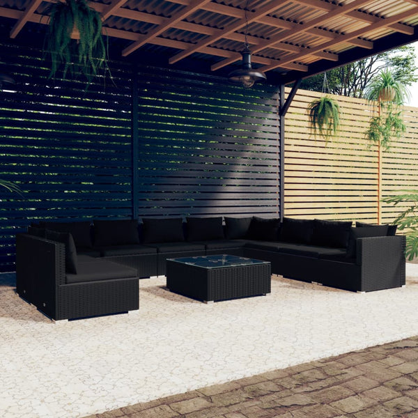 11-tlg. Garten-Lounge-Set mit Kissen Schwarz Poly Rattan