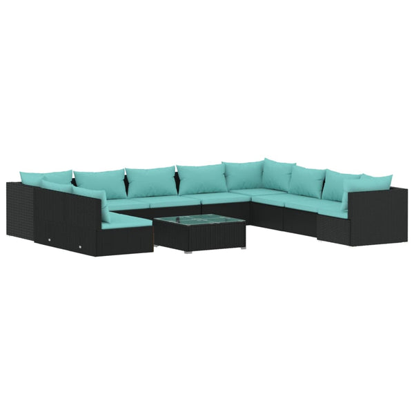 11-tlg. Garten-Lounge-Set mit Kissen Schwarz Poly Rattan