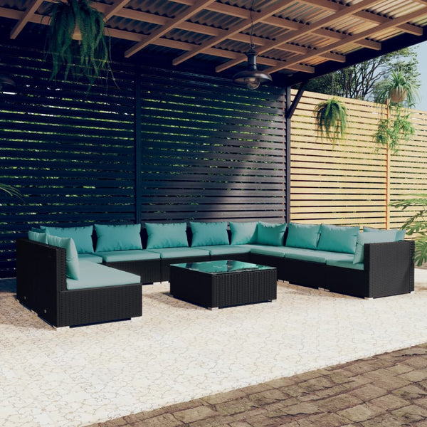 11-tlg. Garten-Lounge-Set mit Kissen Schwarz Poly Rattan
