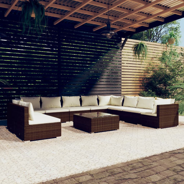 11-tlg. Garten-Lounge-Set mit Kissen Braun Poly Rattan
