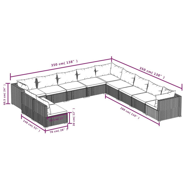 11-tlg. Garten-Lounge-Set mit Kissen Schwarz Poly Rattan