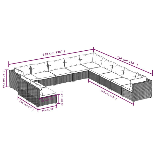 11-tlg. Garten-Lounge-Set mit Kissen Schwarz Poly Rattan