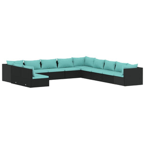 11-tlg. Garten-Lounge-Set mit Kissen Schwarz Poly Rattan