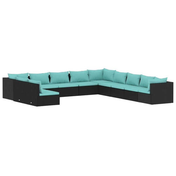 11-tlg. Garten-Lounge-Set mit Kissen Schwarz Poly Rattan