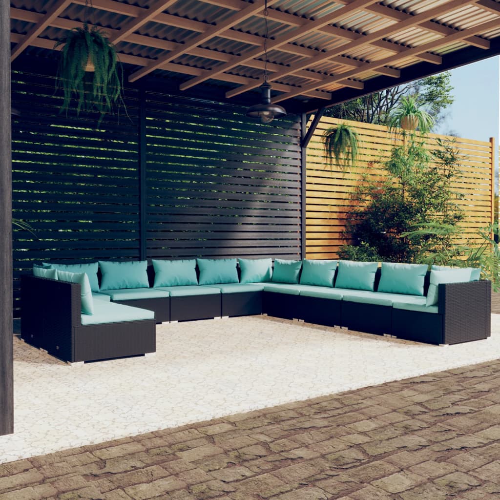 11-tlg. Garten-Lounge-Set mit Kissen Schwarz Poly Rattan