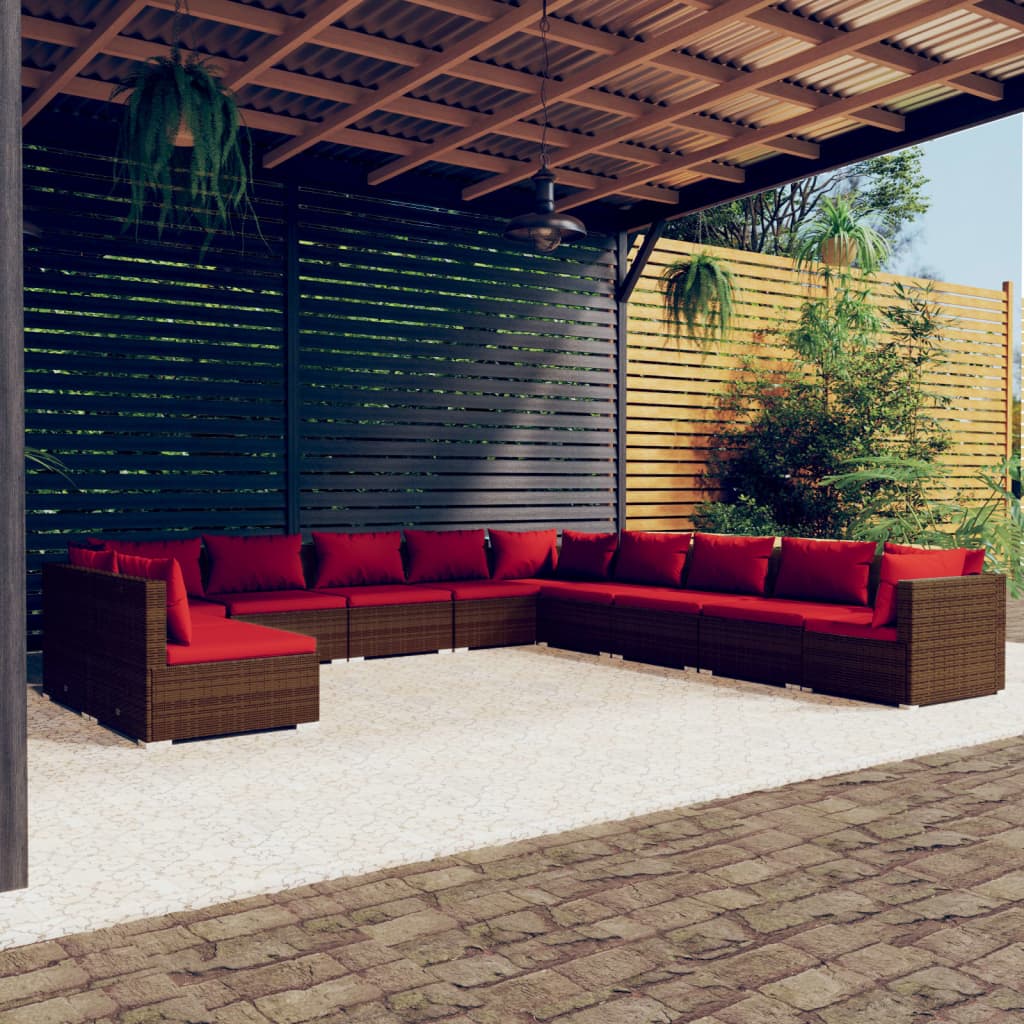 11-tlg. Garten-Lounge-Set mit Kissen Braun Poly Rattan
