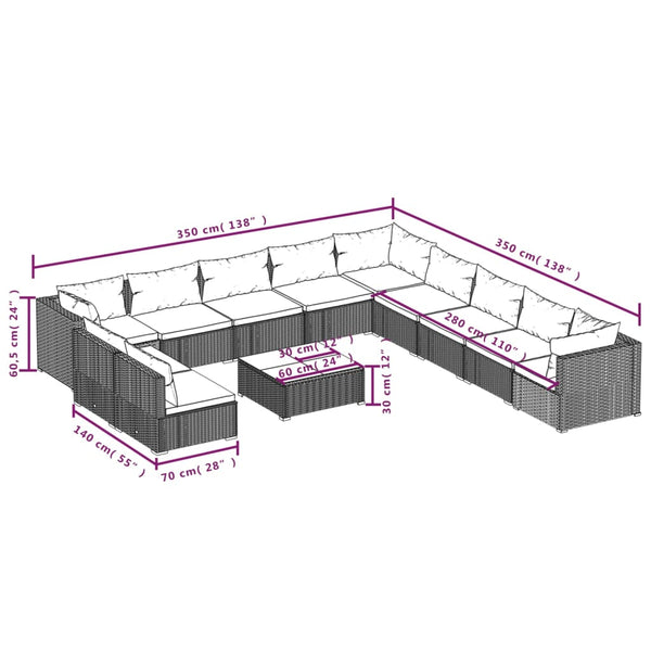 12-tlg. Garten-Lounge-Set mit Kissen Braun Poly Rattan
