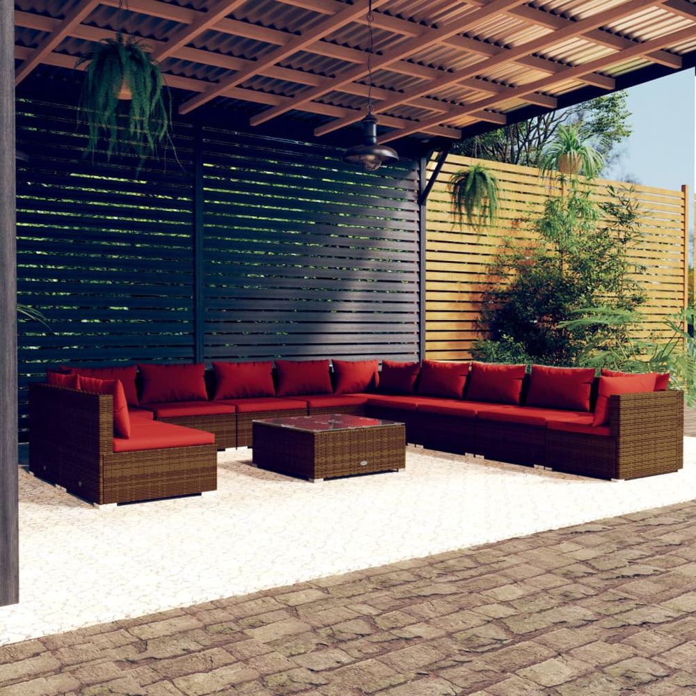 12-tlg. Garten-Lounge-Set mit Kissen Braun Poly Rattan
