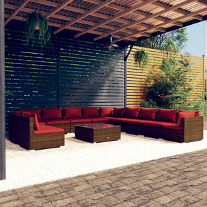 12-tlg. Garten-Lounge-Set mit Kissen Braun Poly Rattan