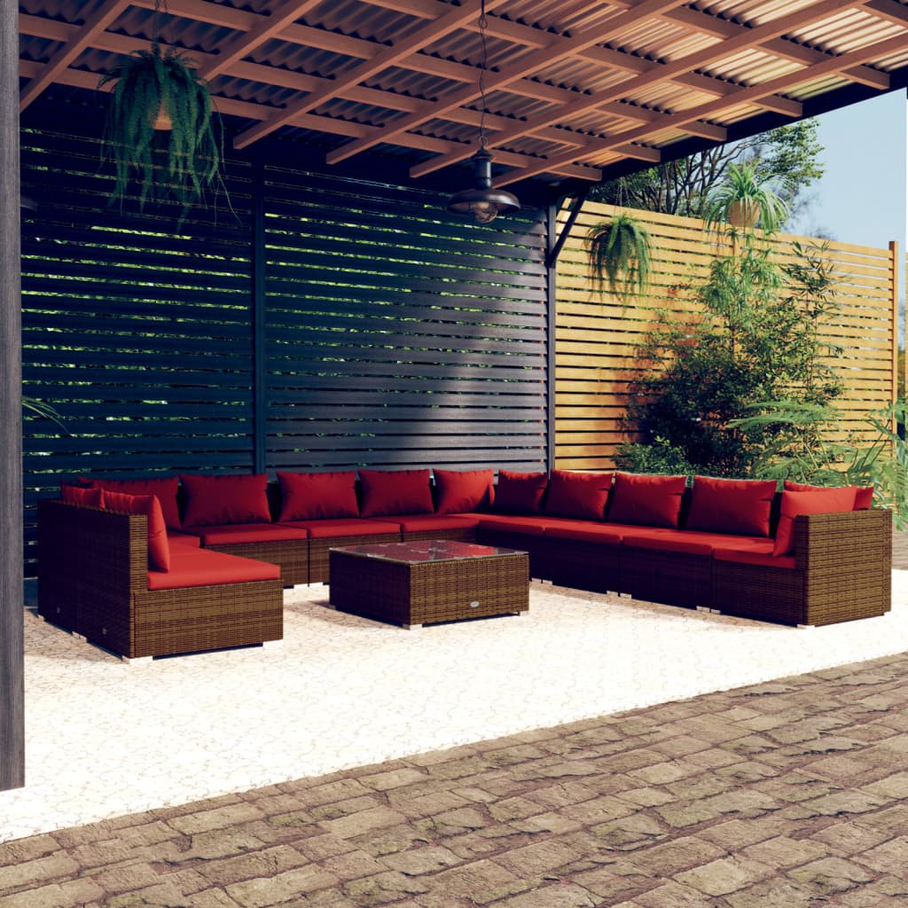 12-tlg. Garten-Lounge-Set mit Kissen Braun Poly Rattan