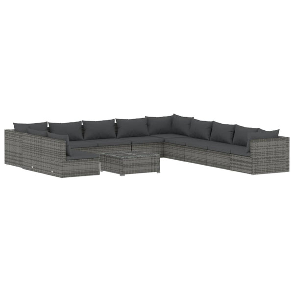 12-tlg. Garten-Lounge-Set mit Kissen Grau Poly Rattan