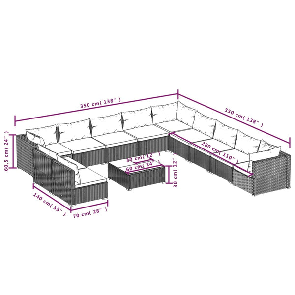 12-tlg. Garten-Lounge-Set mit Kissen Grau Poly Rattan