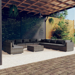 12-tlg. Garten-Lounge-Set mit Kissen Grau Poly Rattan