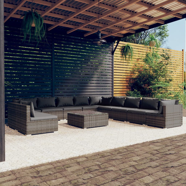 12-tlg. Garten-Lounge-Set mit Kissen Grau Poly Rattan