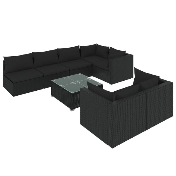 8-tlg. Garten-Lounge-Set mit Kissen Schwarz Poly Rattan