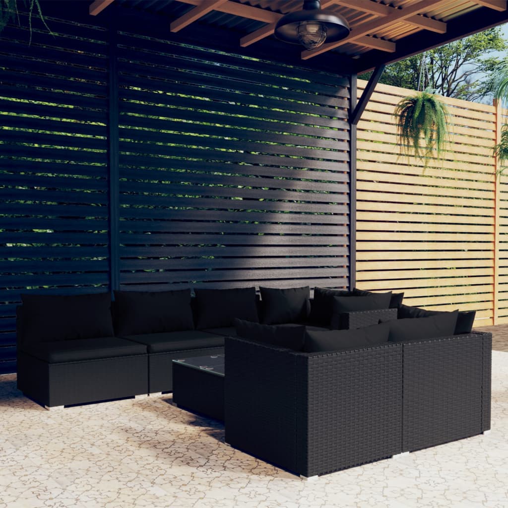 8-tlg. Garten-Lounge-Set mit Kissen Schwarz Poly Rattan