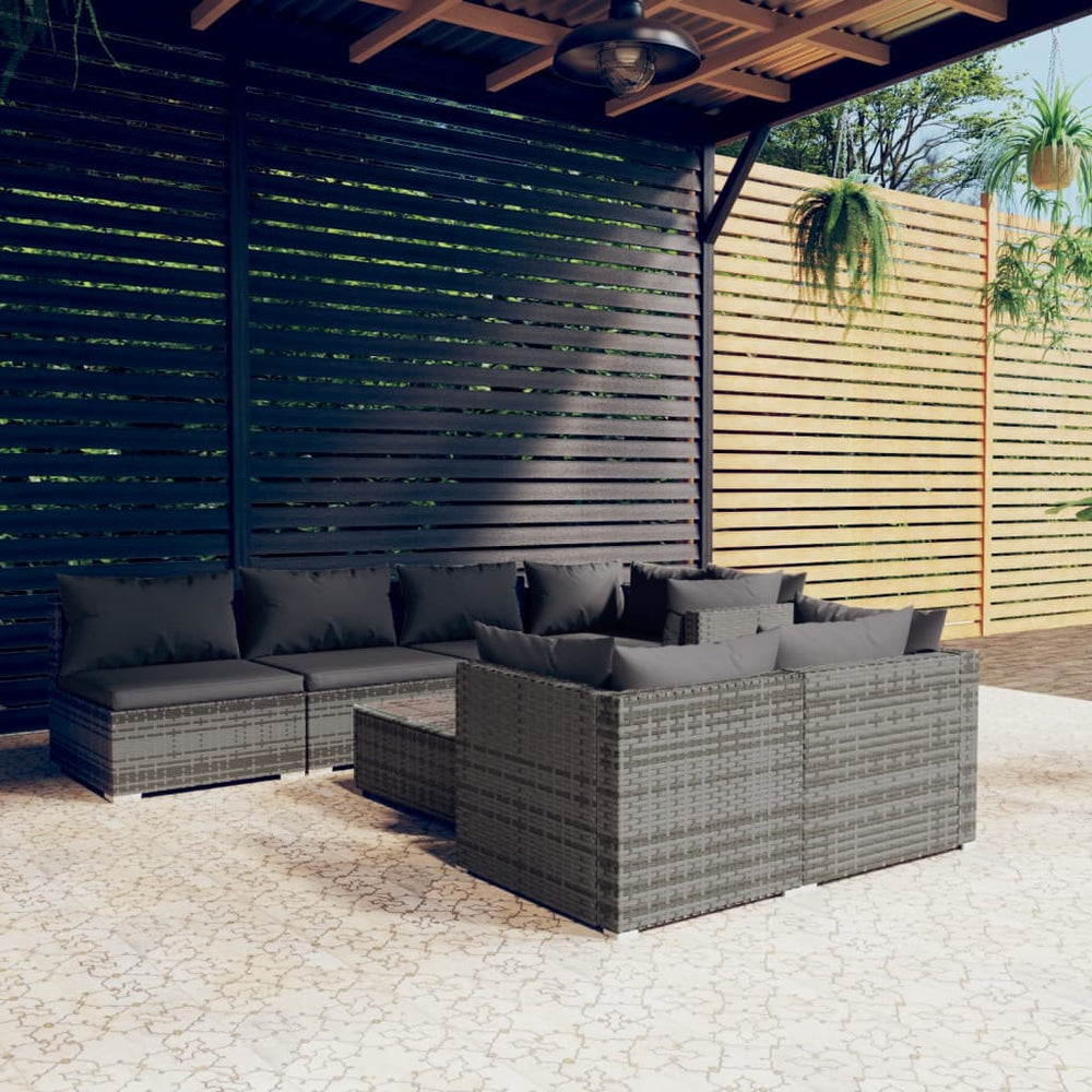 8-tlg. Garten-Lounge-Set mit Kissen Grau Poly Rattan