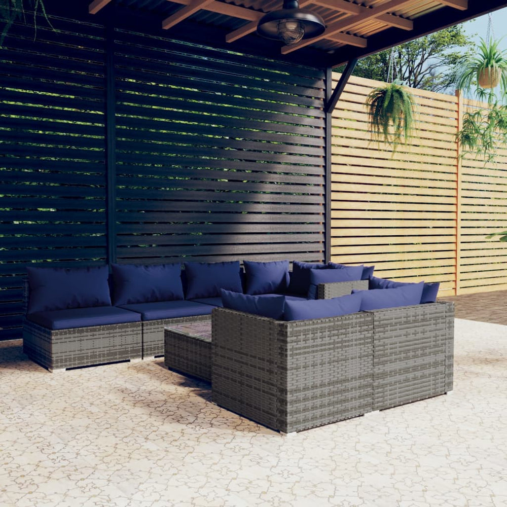 8-tlg. Garten-Lounge-Set mit Kissen Grau Poly Rattan