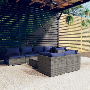 8-tlg. Garten-Lounge-Set mit Kissen Grau Poly Rattan