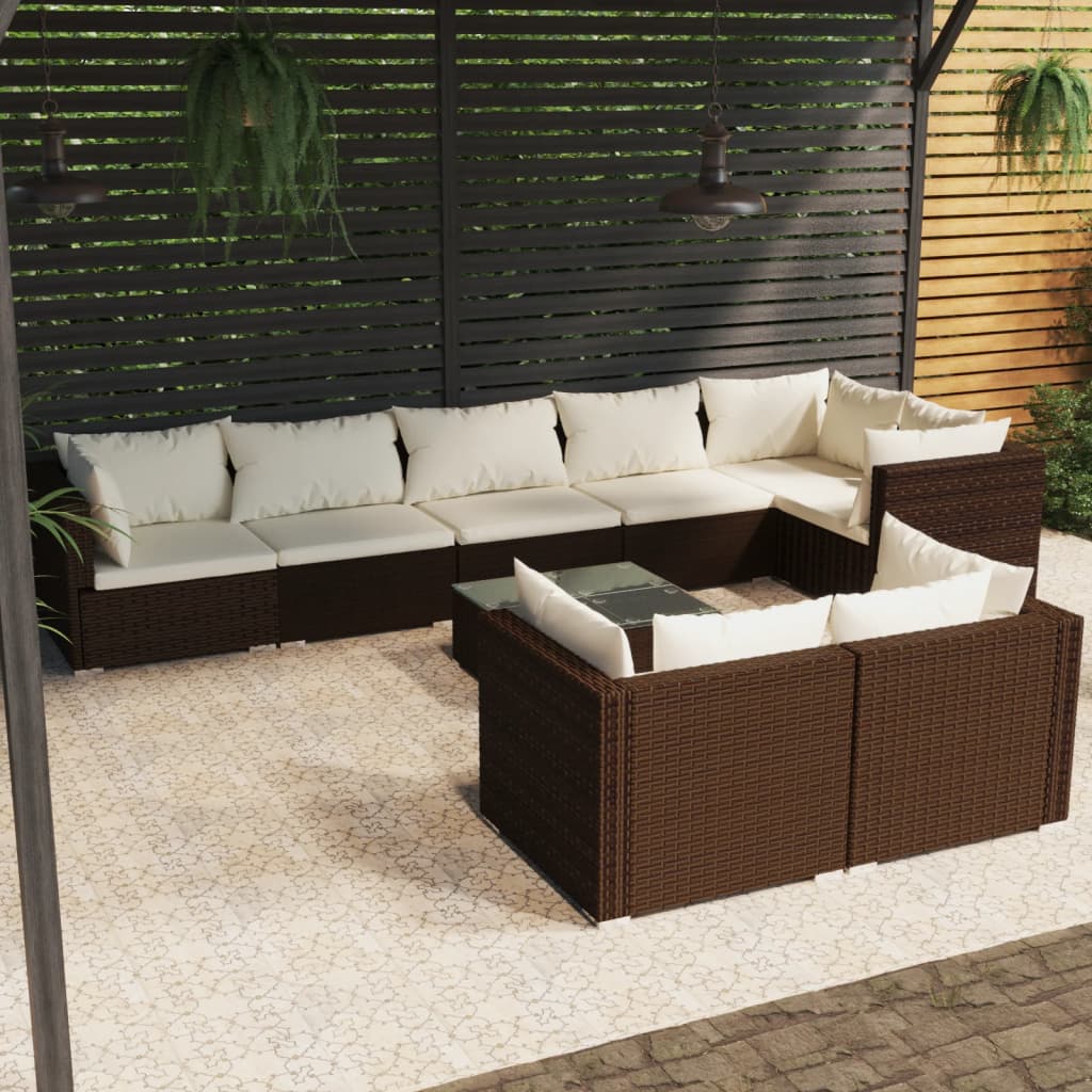 9-tlg. Garten-Lounge-Set mit Kissen Braun Poly Rattan