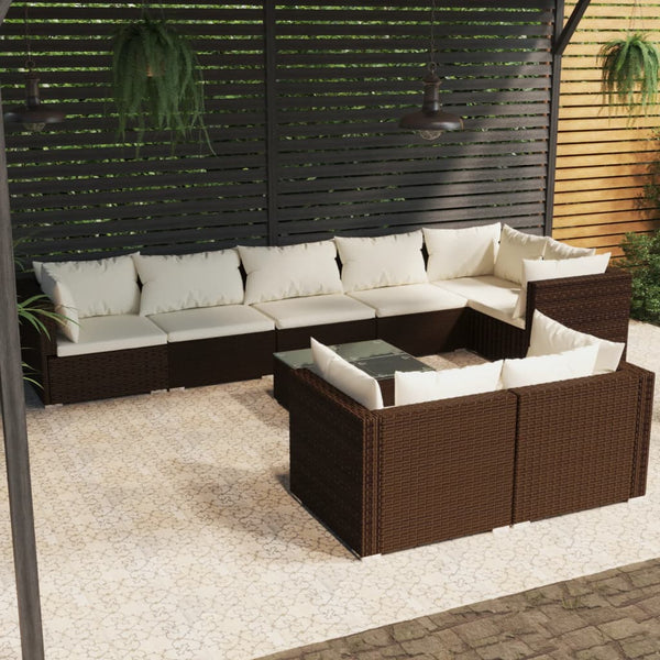 9-tlg. Garten-Lounge-Set mit Kissen Braun Poly Rattan