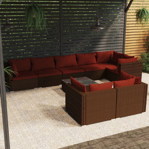 9-tlg. Garten-Lounge-Set mit Kissen Braun Poly Rattan