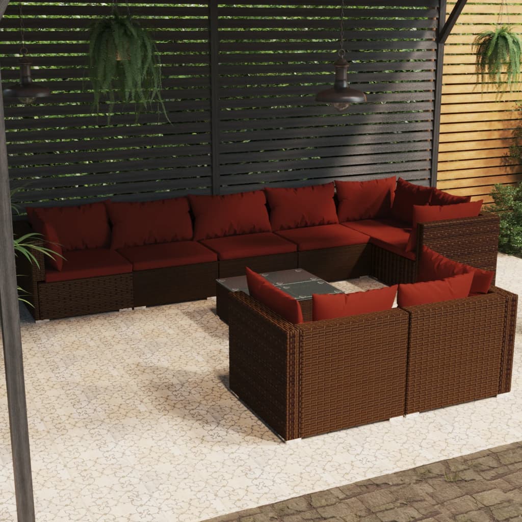 9-tlg. Garten-Lounge-Set mit Kissen Braun Poly Rattan