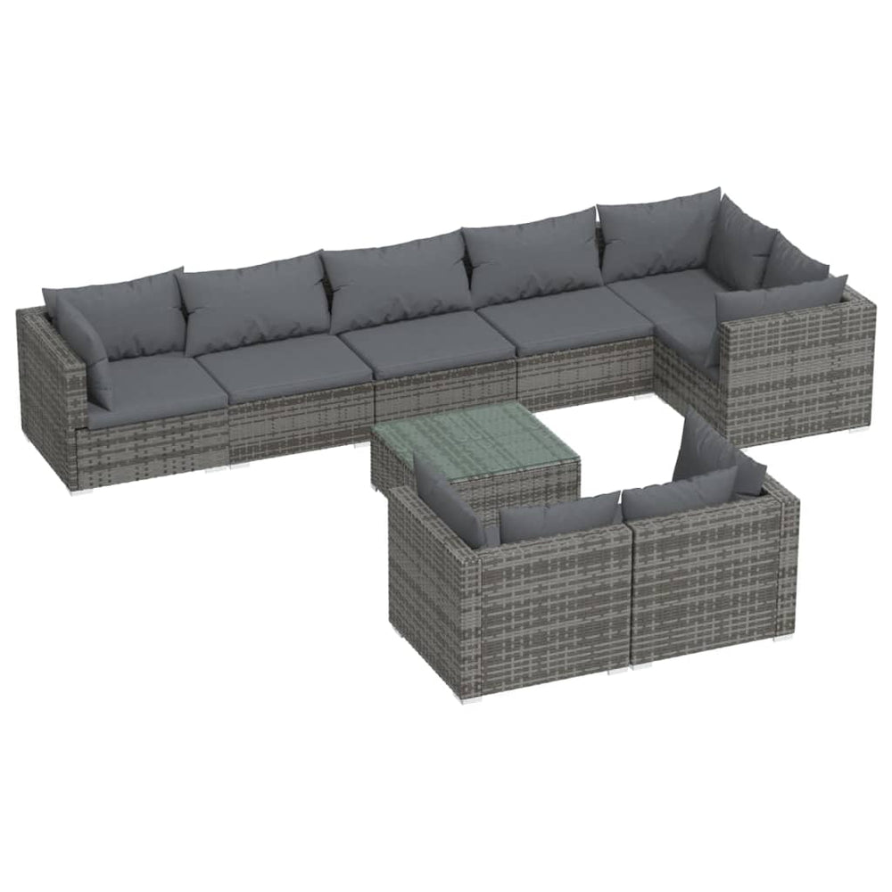 9-tlg. Garten-Lounge-Set mit Kissen Grau Poly Rattan