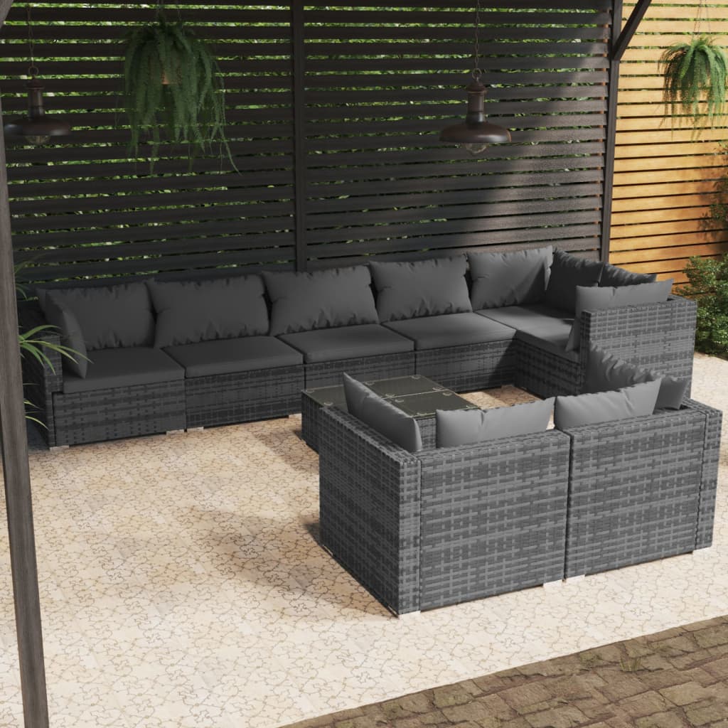 9-tlg. Garten-Lounge-Set mit Kissen Grau Poly Rattan