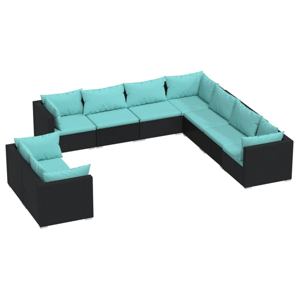 9-tlg. Garten-Lounge-Set mit Kissen Schwarz Poly Rattan