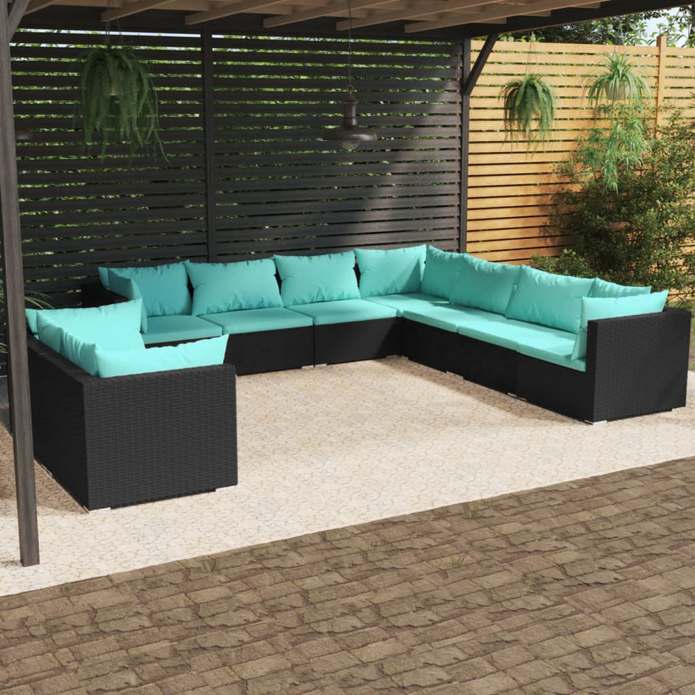 9-tlg. Garten-Lounge-Set mit Kissen Schwarz Poly Rattan