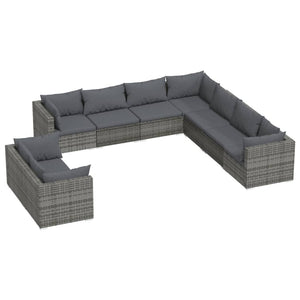 9-tlg. Garten-Lounge-Set mit Kissen Grau Poly Rattan