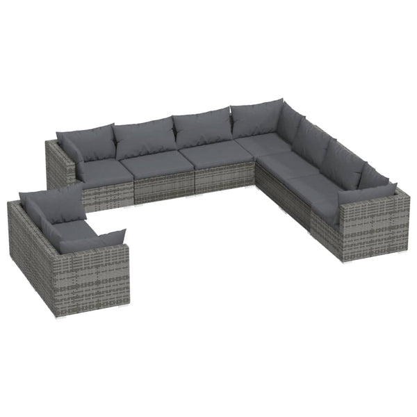 9-tlg. Garten-Lounge-Set mit Kissen Grau Poly Rattan