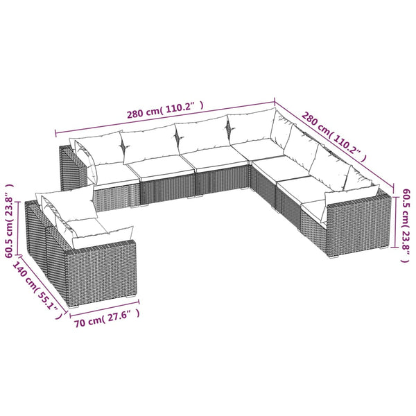 9-tlg. Garten-Lounge-Set mit Kissen Grau Poly Rattan