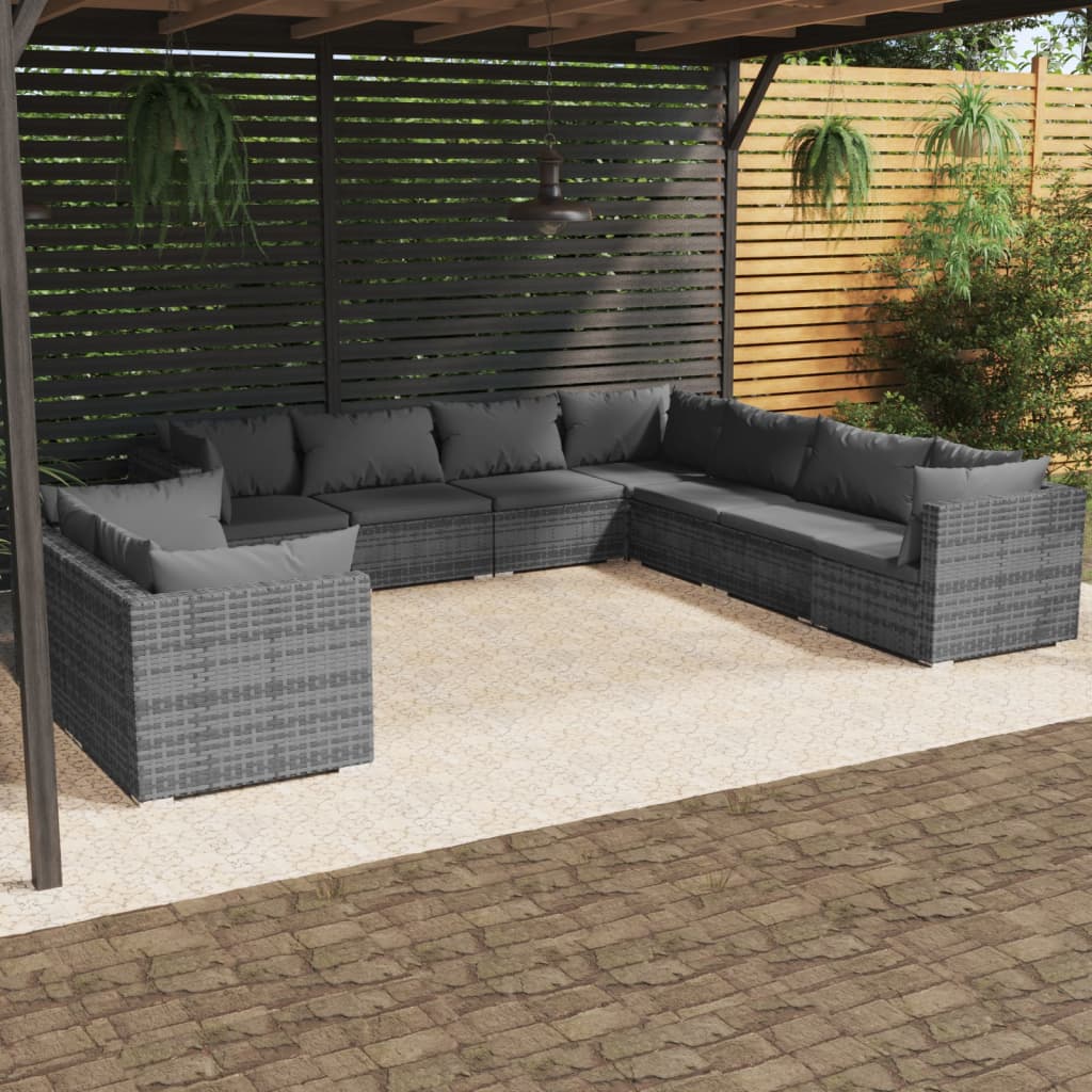 9-tlg. Garten-Lounge-Set mit Kissen Grau Poly Rattan