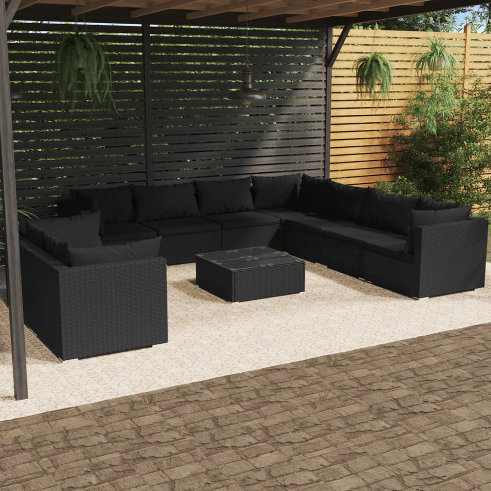 10-tlg. Garten-Lounge-Set mit Kissen Schwarz Poly Rattan