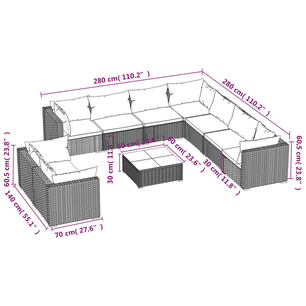 10-tlg. Garten-Lounge-Set mit Kissen Schwarz Poly Rattan